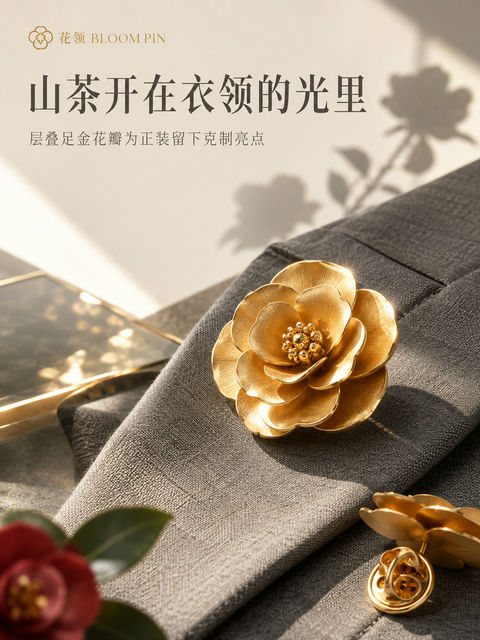 山茶流光足金领针品牌视觉海报 - AI图片提示词示例