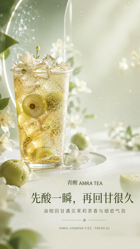 东方清冽美学：油柑茉莉气泡茶品牌开屏 - AI图片提示词示例