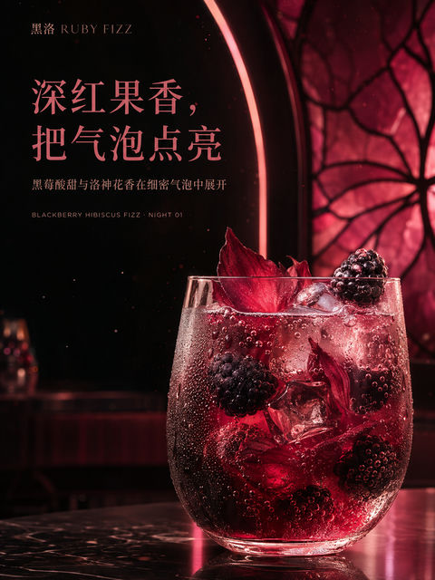深红果香黑莓洛神气泡饮商业视觉海报 - AI图片提示词示例