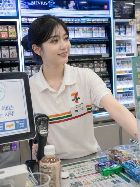 韩国便利店年轻女收银员写实抓拍 - AI图片提示词示例