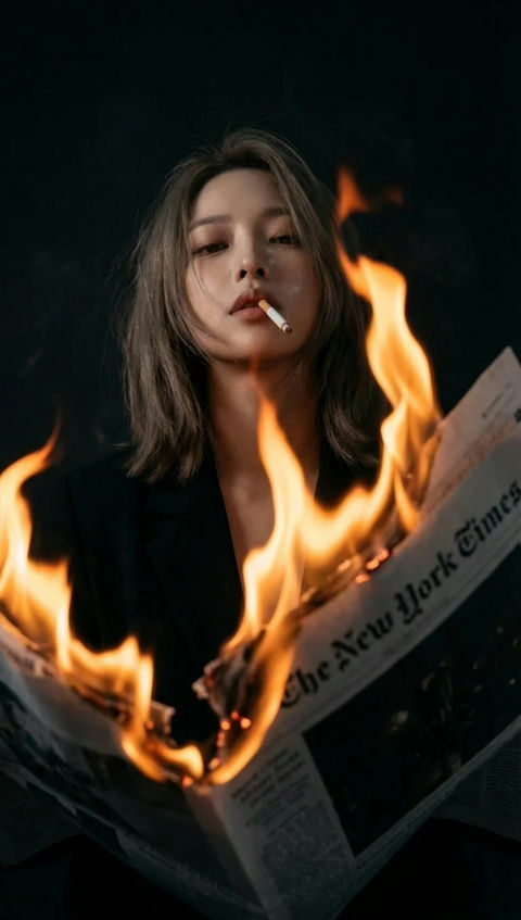 隔着火焰仰拍的叼烟少女 - AI图片提示词示例