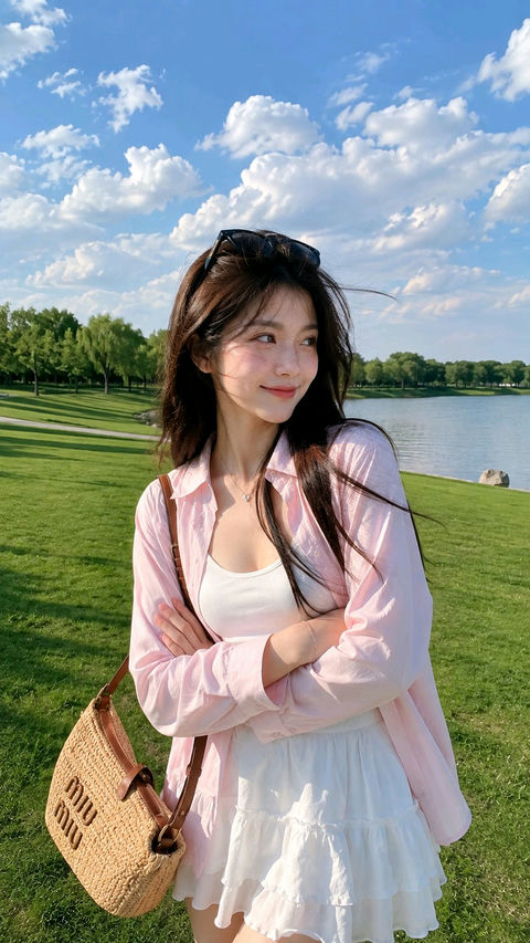 阳光草地清新女性中景摄影 - AI图片提示词示例