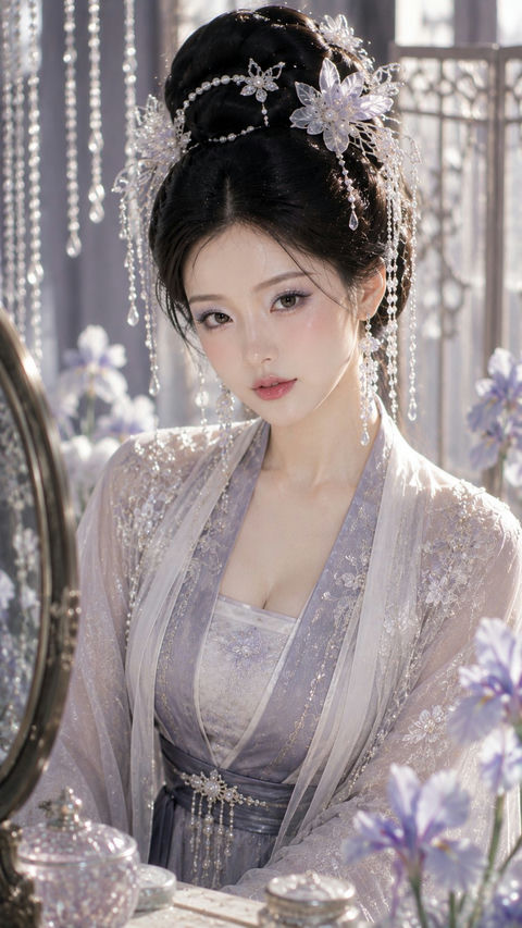东方古典贵女鸢尾雾银珠光美妆写真 - AI图片提示词示例