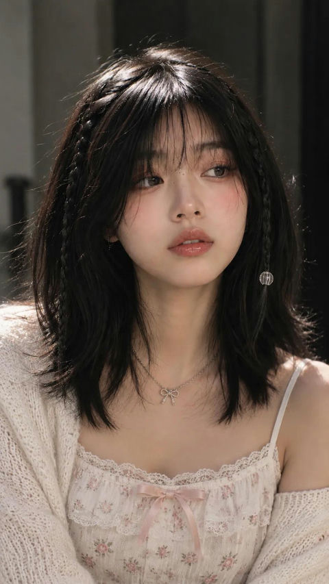 亚裔年轻女性特写柔美妆容 - AI图片提示词示例