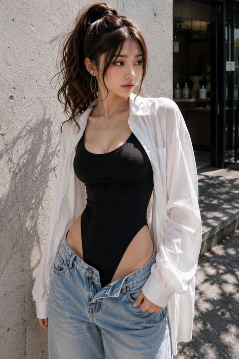 日系街拍Y2K时尚混凝土墙边日本女性 - AI图片提示词示例