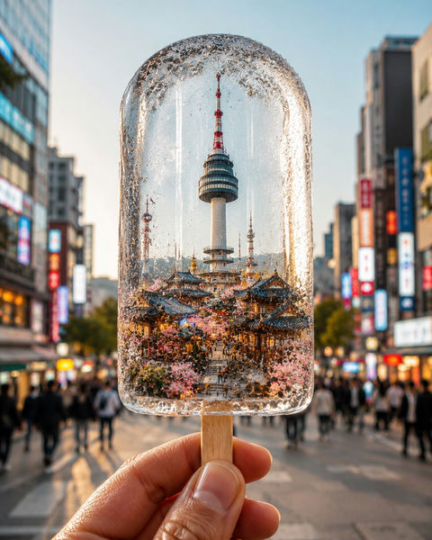 冰棍里的微缩城市景观摄影 - AI图片提示词示例