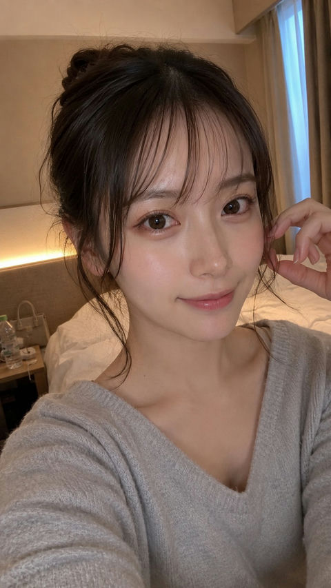 日系女性酒店床边近距离自拍特写 - AI图片提示词示例