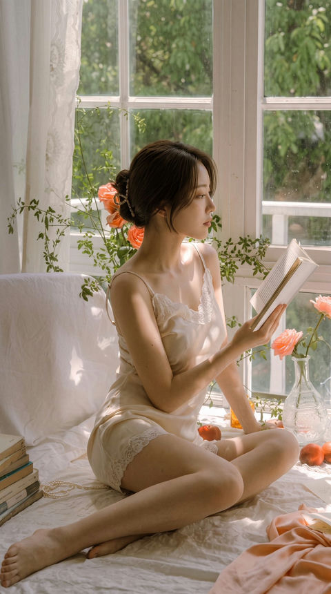 窗边阅读的独处女子侧影 - AI图片提示词示例