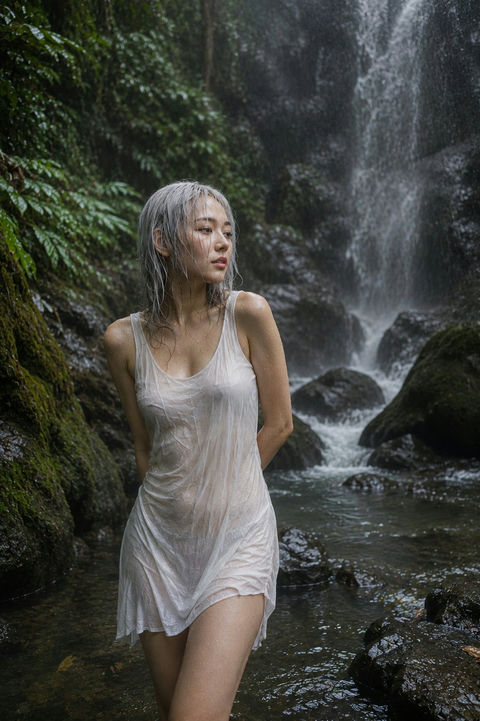 幽静森林瀑布下的银发韩国女性写实人像 - AI图片提示词示例