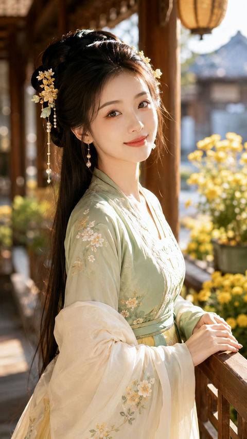 古风贵女明亮美妆写真晨光庭院 - AI图片提示词示例