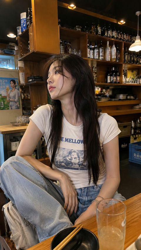 咖啡馆里的东亚女生手机抓拍 - AI图片提示词示例