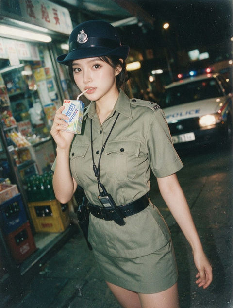 90年代香港皇家女警夜间持枪街头快照 - AI图片提示词示例