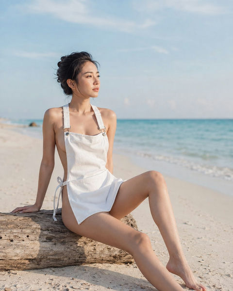 海边漂流木上的白色牛仔围裙中国女性 - AI图片提示词示例