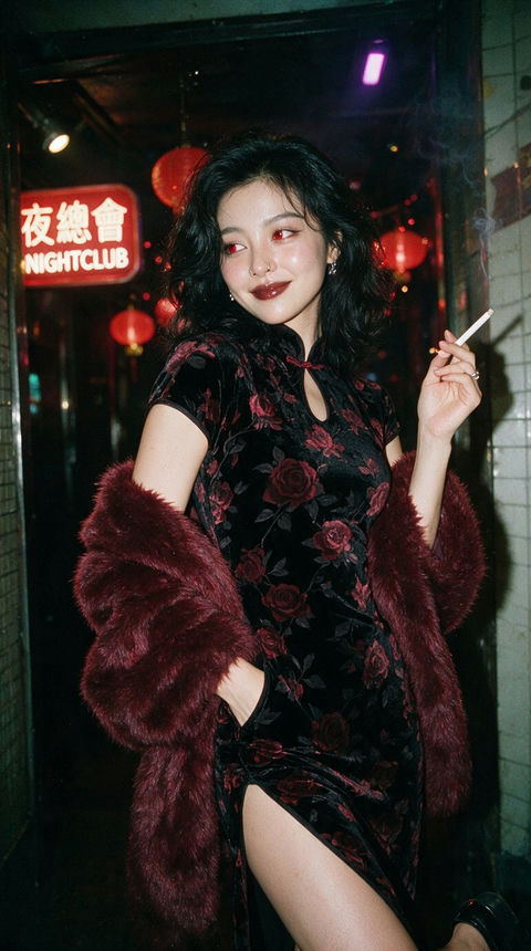 90年代香港复古电影感美艳佳人 - AI图片提示词示例