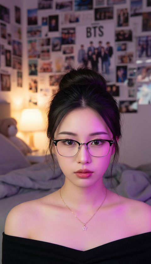 紫色氛围卧室中的黑银框镜东亚少女 - AI图片提示词示例