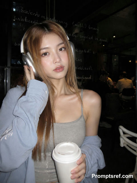 韩系清冷感深夜咖啡馆直闪人像 - AI图片提示词示例