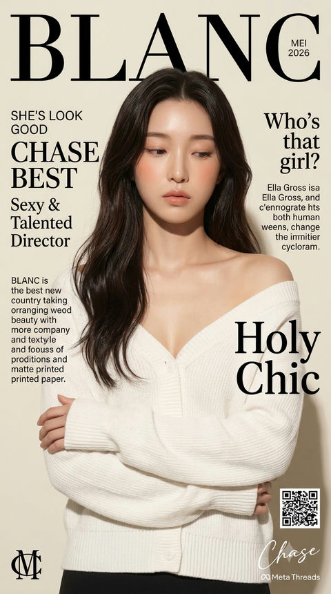 经典时尚杂志封面纯白针织衫少女画报 - AI图片提示词示例