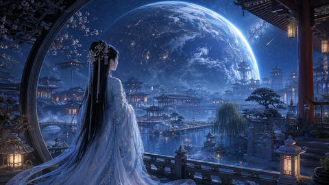 宇宙边缘东方天宫古城夜景 - AI图片提示词示例