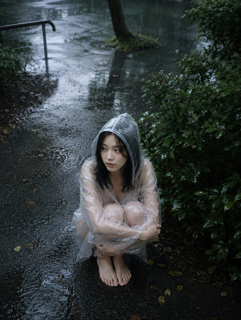 雨中灌木旁透明雨衣不安少女 - AI图片提示词示例