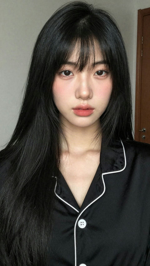 缎面睡衣东亚年轻女性写实特写肖像 - AI图片提示词示例