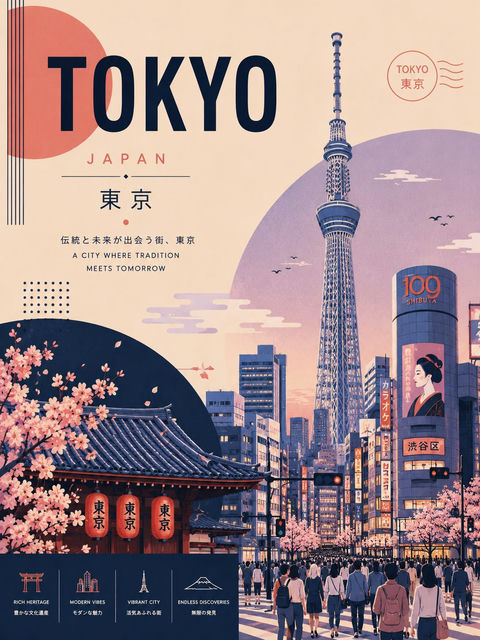 复古札幌冬季旅游海报设计 - AI图片提示词示例