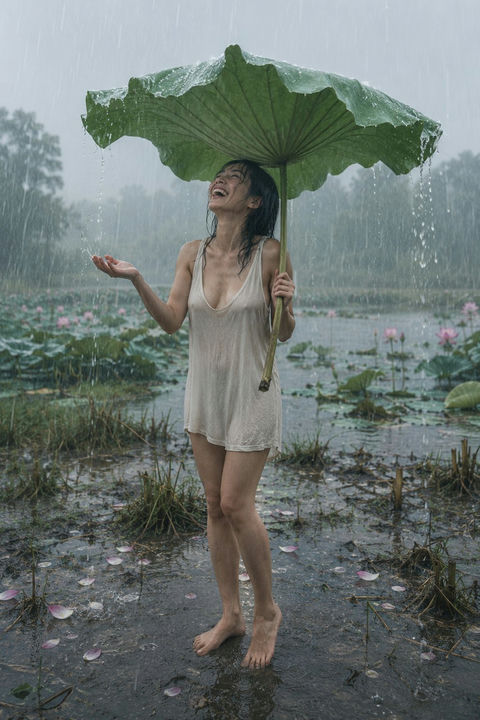 雨中撑荷叶的日本女性电影感写实摄影 - AI图片提示词示例