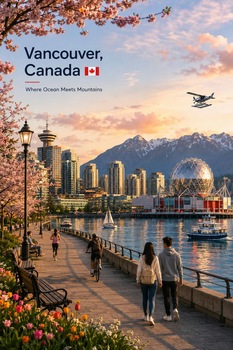 迪拜温哥华跨空间融合奢华旅游插画海报 - AI图片提示词示例