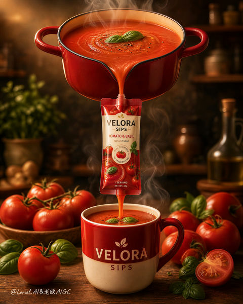 VELORA SIPS番茄汤高端商业海报 - AI图片提示词示例