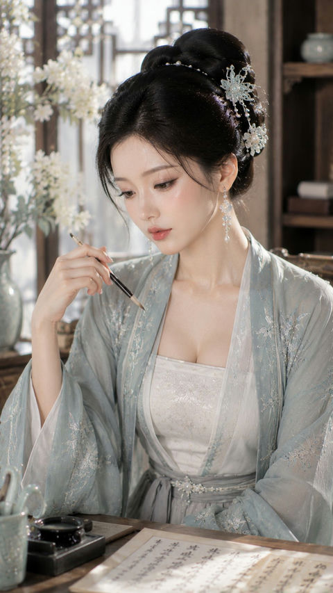 东方古典书卷气女性美妆近景写真 - AI图片提示词示例
