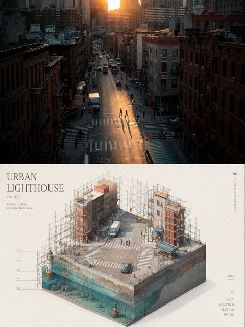 极简微缩建筑景观脚手架艺术海报 - AI图片提示词示例
