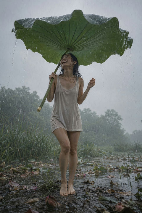 湿地雨中手持巨型荷叶的日本女性 - AI图片提示词示例
