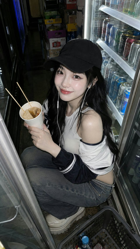 韩系女友便利店夜宵数码卡片机抓拍 - AI图片提示词示例