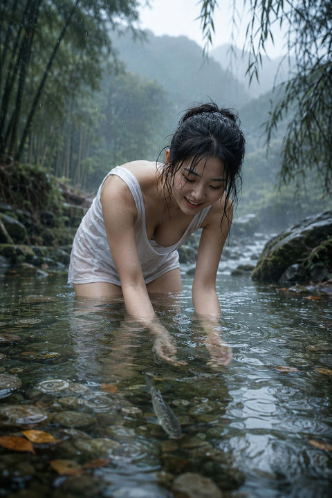 溪流中抓鱼的日本少女电影感肖像 - AI图片提示词示例