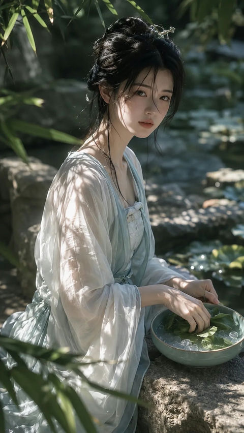 盛夏竹林溪谷清冷宋制汉服少女 - AI图片提示词示例