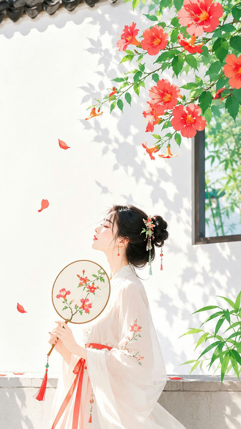 东方禅意极简高饱和夏日团扇女子插画 - AI图片提示词示例