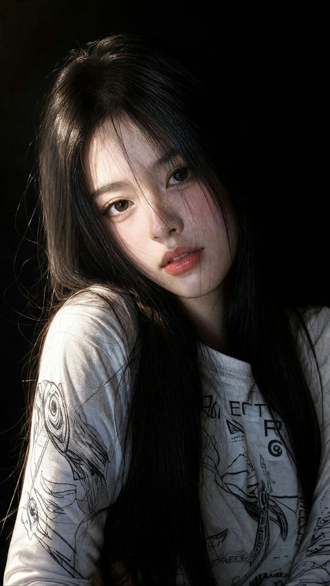 绸缎黑发东亚女性唯美写真 - AI图片提示词示例