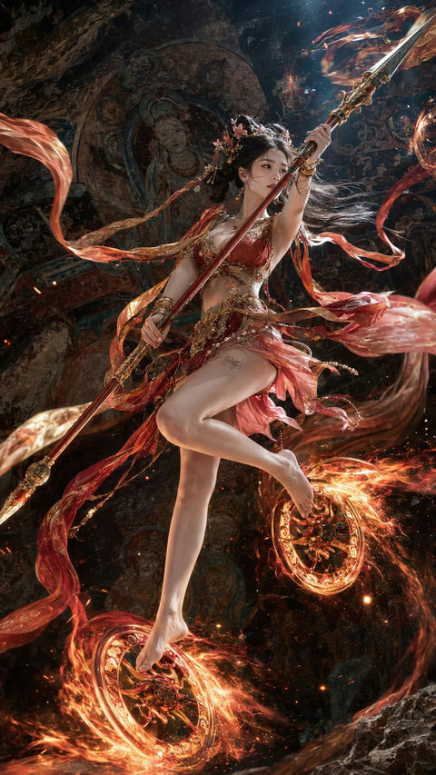 敦煌飞天神话红金女战士超写实摄影 - AI图片提示词示例