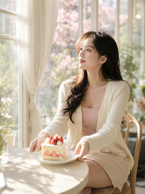 东方女性清纯生活照写实人像花房咖啡馆 - AI图片提示词示例
