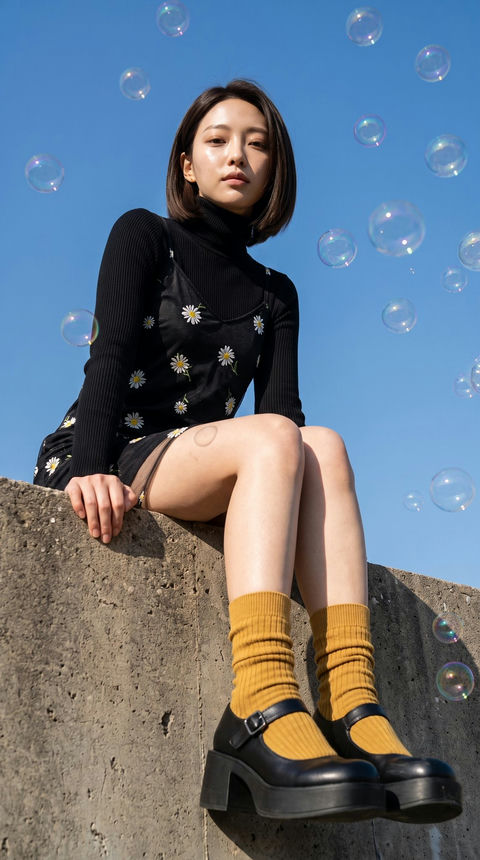 气泡中坐在岩石上的女性写实摄影肖像 - AI图片提示词示例
