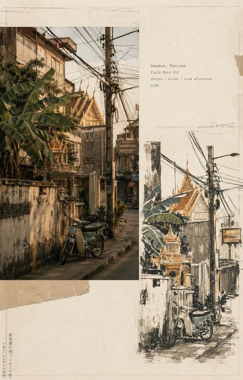 复古日式旅行日志编辑拼贴画 - AI图片提示词示例