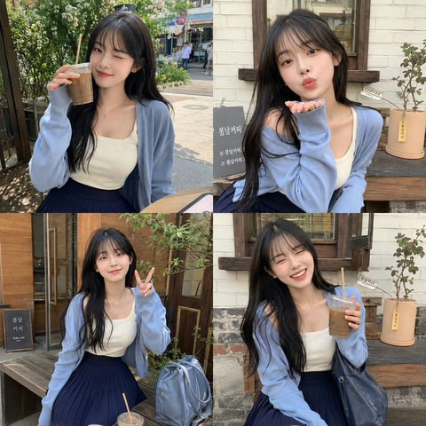 韩国少女户外咖啡厅拼贴写真 - AI图片提示词示例