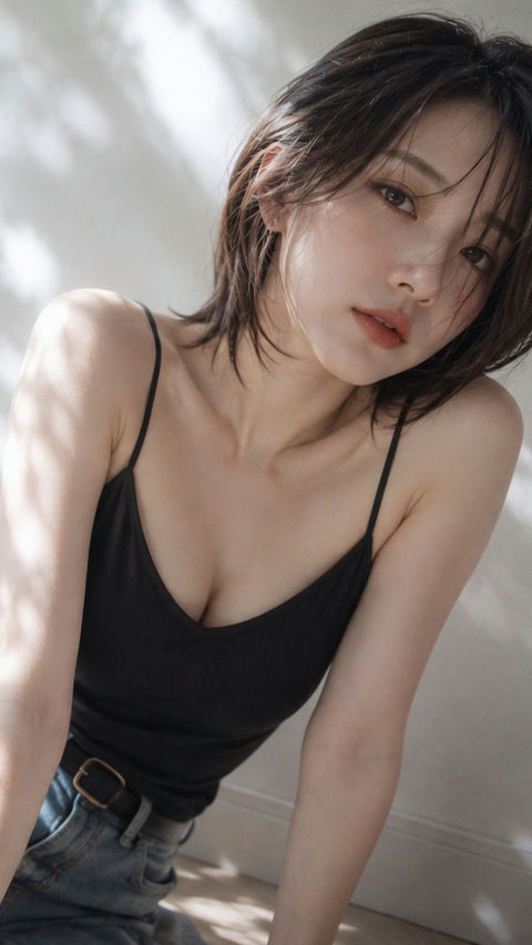 极简室内黑衣日本女性纵向人像 - AI图片提示词示例