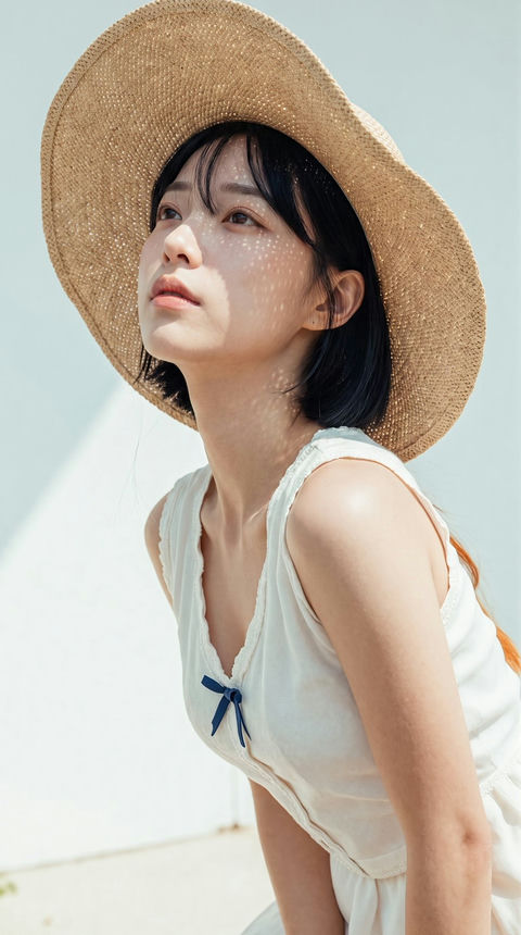 户外强光草帽女性特写人像摄影 - AI图片提示词示例