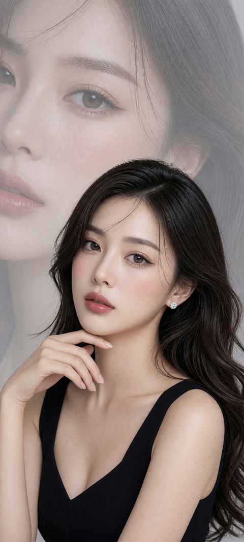 高端东亚女性美容人像双重曝光摄影 - AI图片提示词示例