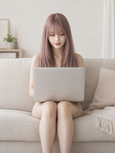 客厅沙发工作正面构图独居女性 - AI图片提示词示例