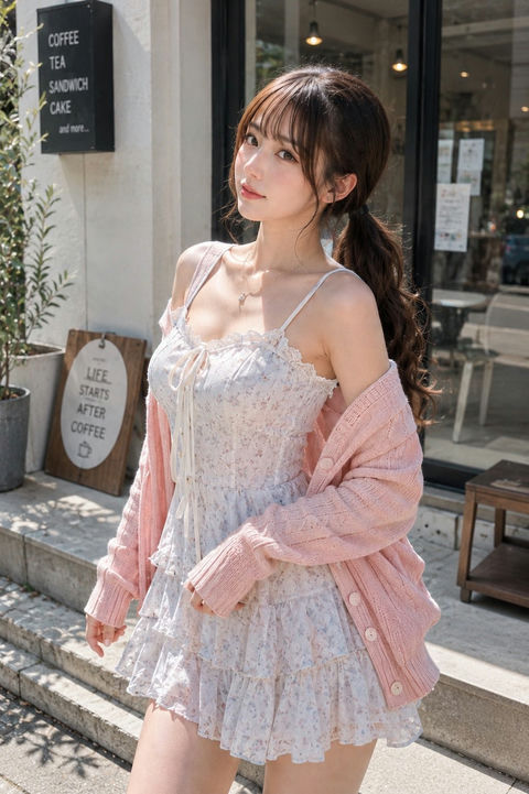 咖啡馆前碎花裙日本女性街拍写真 - AI图片提示词示例