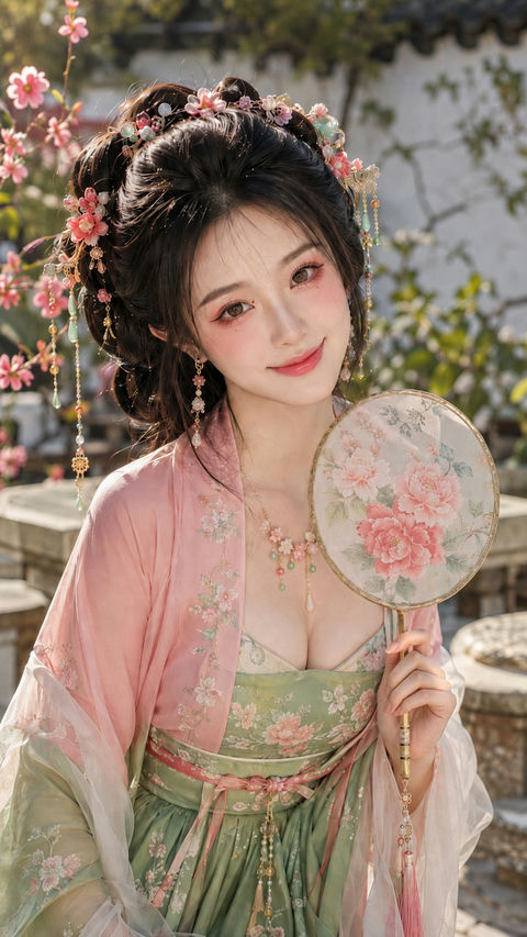 古风茜粉豆蔻绿娇艳贵女美妆写真 - AI图片提示词示例