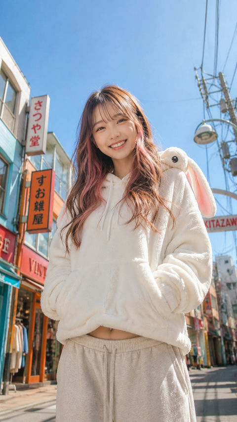下北泽街头兔耳连帽衫少女半身像 - AI图片提示词示例