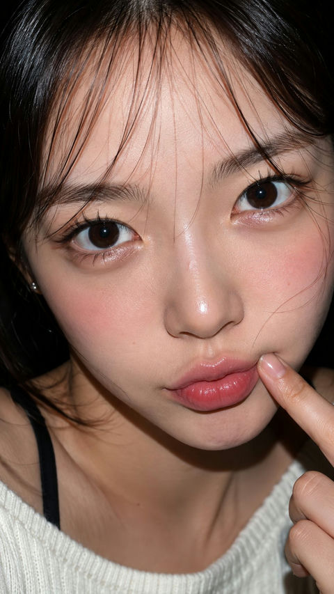 韩系女生美妆微距硬闪特写 - AI图片提示词示例