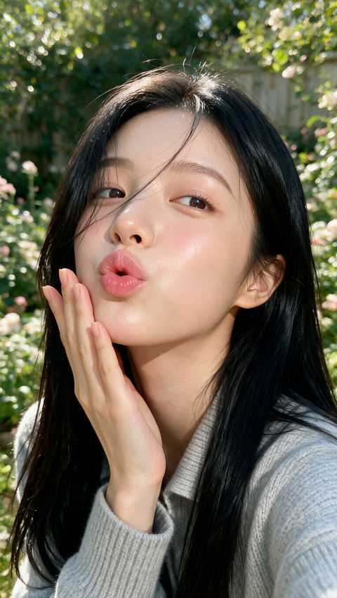 阳光下亲吻表情的东亚女性特写肖像 - AI图片提示词示例